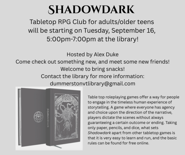 shadowdark role playing game at dummerston lydia taft pratt library